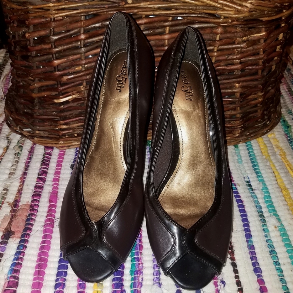 East 5th Dark Brown Leather Peep Toe Short Heels Business Dress Shoes 6.5